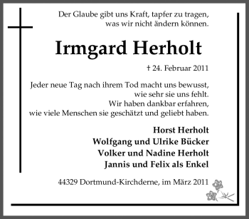 Traueranzeige von Irmgard Herholt von Tageszeitung