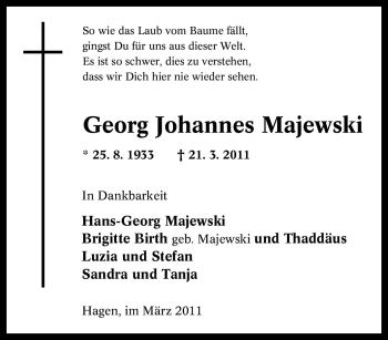 Traueranzeige von Georg Johannes Majewski von Tageszeitung