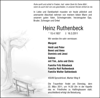 Traueranzeige von Heinz Ruthenbeck von Tageszeitung