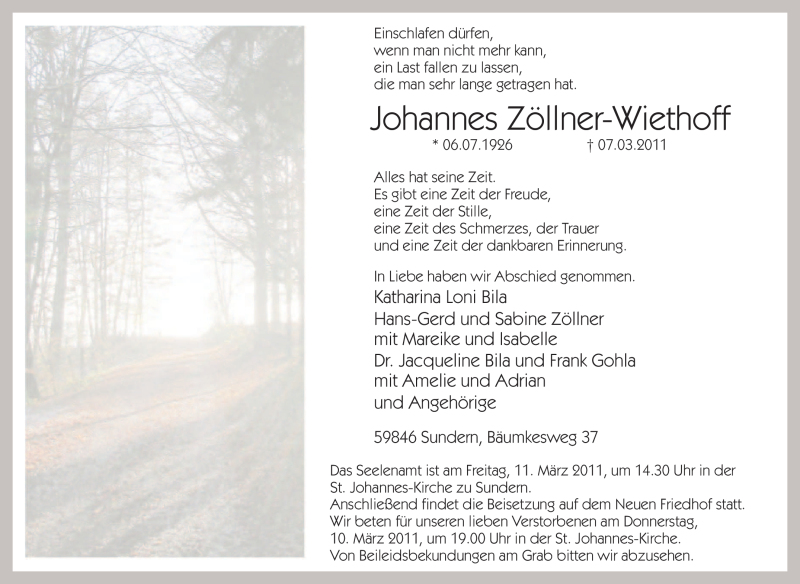  Traueranzeige für Johannes Zöllner-Wiethoff vom 09.03.2011 aus Tageszeitung