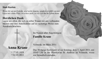 Traueranzeige von Anna Krane von Tageszeitung