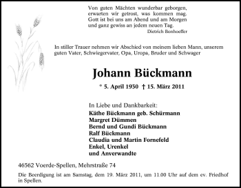 Traueranzeige von Johann Bückmann von Tageszeitung