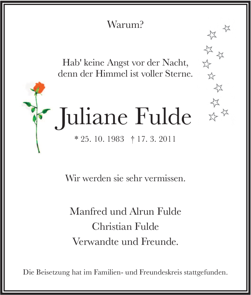  Traueranzeige für Juliane Fulde vom 26.03.2011 aus Tageszeitung