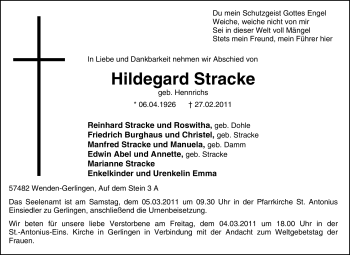 Traueranzeige von Hildegard Stracke von Tageszeitung