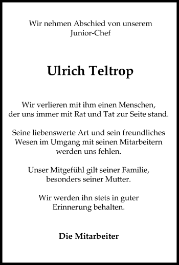 Traueranzeige von Ulrich Teltrop von Tageszeitung