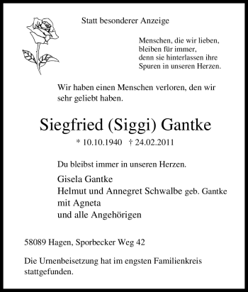 Traueranzeige von Siegfried Gantke von Tageszeitung