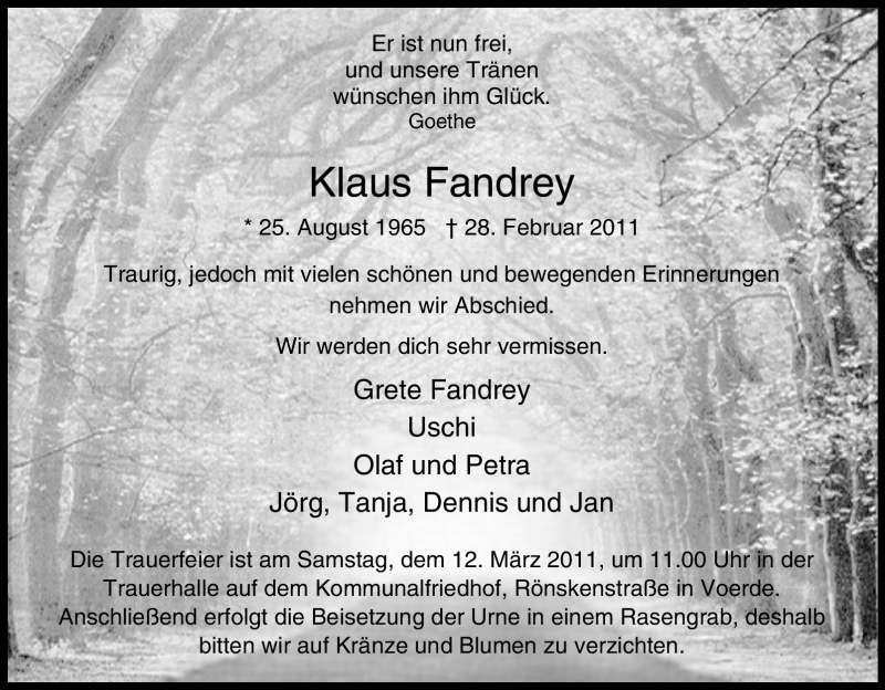  Traueranzeige für Klaus Fandrey vom 08.03.2011 aus Tageszeitung
