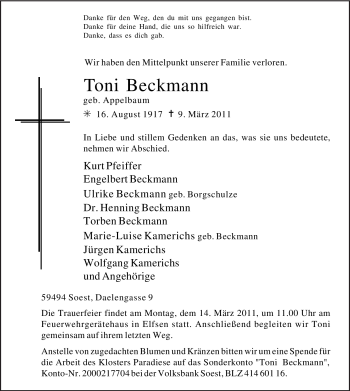Traueranzeige von Toni Beckmann von Tageszeitung