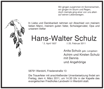 Traueranzeige von Hans-Walter Schulz von Tageszeitung