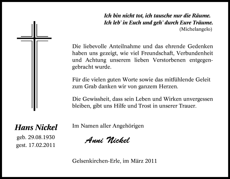  Traueranzeige für Hans Nickel vom 30.03.2011 aus Tageszeitung
