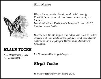Traueranzeige von Klaus Tocke von Tageszeitung