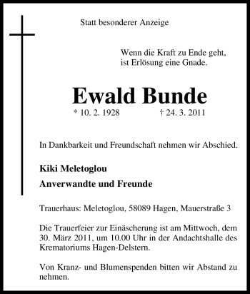 Traueranzeige von Ewald Bunde von Tageszeitung