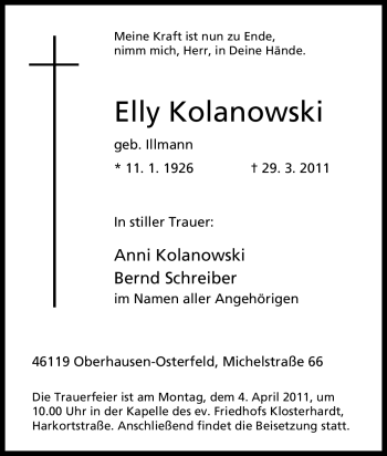 Traueranzeige von Elly Kolanowski von Tageszeitung