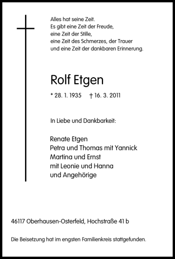 Traueranzeige von Rolf Etgen von Tageszeitung