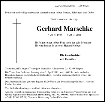 Traueranzeige von Gerhard Marschke von Tageszeitung