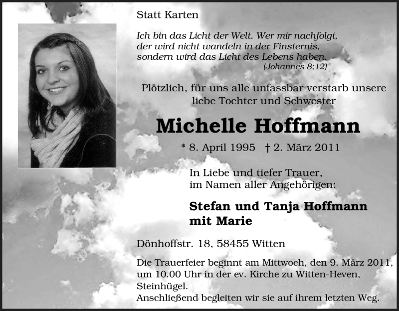  Traueranzeige für Michelle Hoffmann vom 05.03.2011 aus Tageszeitung