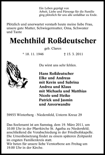 Traueranzeige von Mechthild Roßdeutscher von Tageszeitung