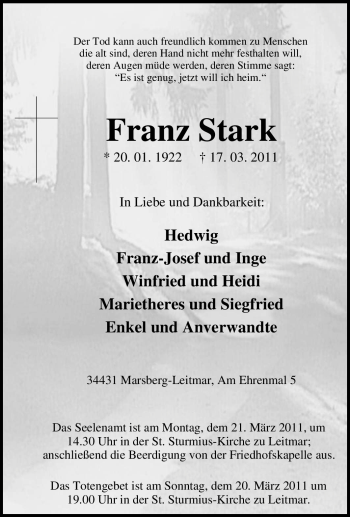 Traueranzeige von Franz Stark von Tageszeitung