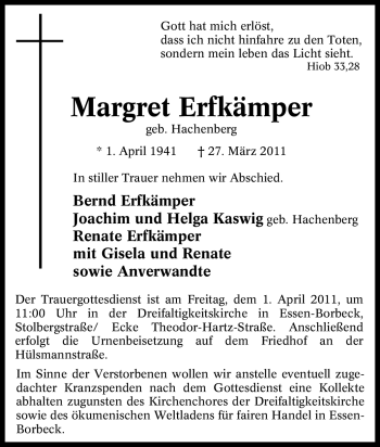 Traueranzeige von Margret Erfkämper von Tageszeitung