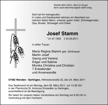 Traueranzeige von Josef Stamm von Tageszeitung