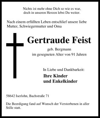 Traueranzeige von Gertraude Feist von Tageszeitung