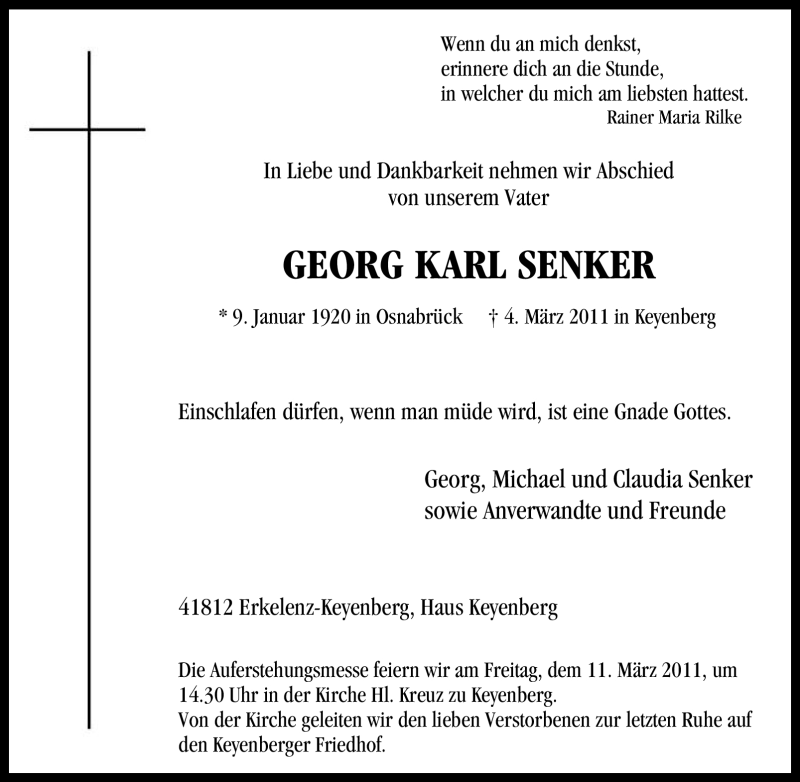  Traueranzeige für Georg Karl Senker vom 08.03.2011 aus Tageszeitung