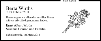 Traueranzeige von Berta Wirths von Tageszeitung