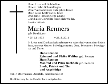 Traueranzeige von Maria Renners von Tageszeitung