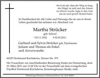 Traueranzeige von Martha Strücker von Tageszeitung