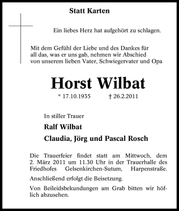 Traueranzeige von Horst Wilbat von Tageszeitung