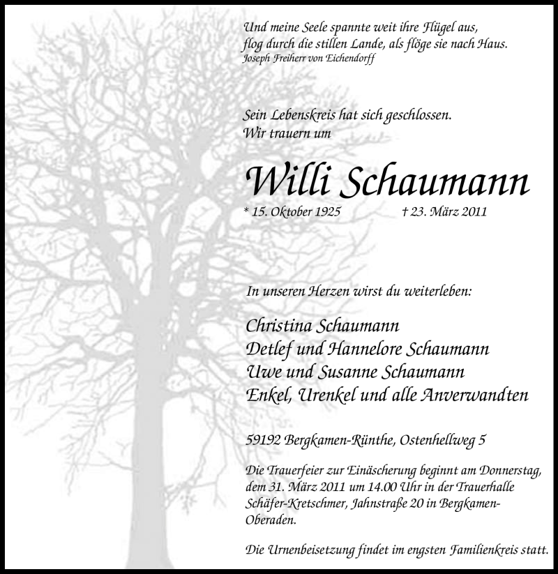  Traueranzeige für Willi Schaumann vom 24.03.2011 aus Tageszeitung