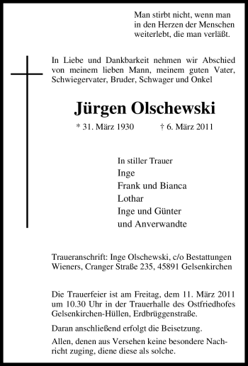 Traueranzeige von Jürgen Olschewski von Tageszeitung