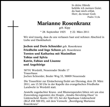 Traueranzeige von Marianne Rosenkranz von Tageszeitung