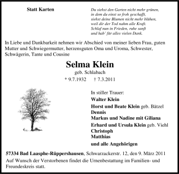 Traueranzeige von Selma Klein von Tageszeitung