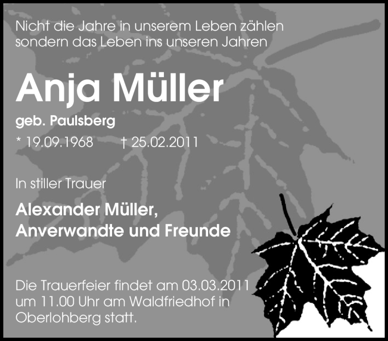  Traueranzeige für Anja Müller vom 01.03.2011 aus Tageszeitung