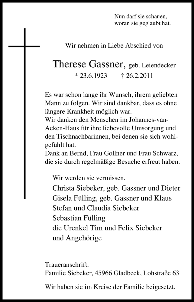  Traueranzeige für Therese Gassner vom 04.03.2011 aus Tageszeitung