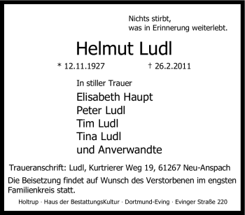 Traueranzeige von Helmut Ludl von Tageszeitung