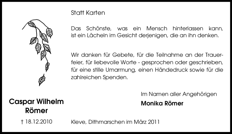  Traueranzeige für Caspar Wilhelm Römer vom 01.03.2011 aus Tageszeitung