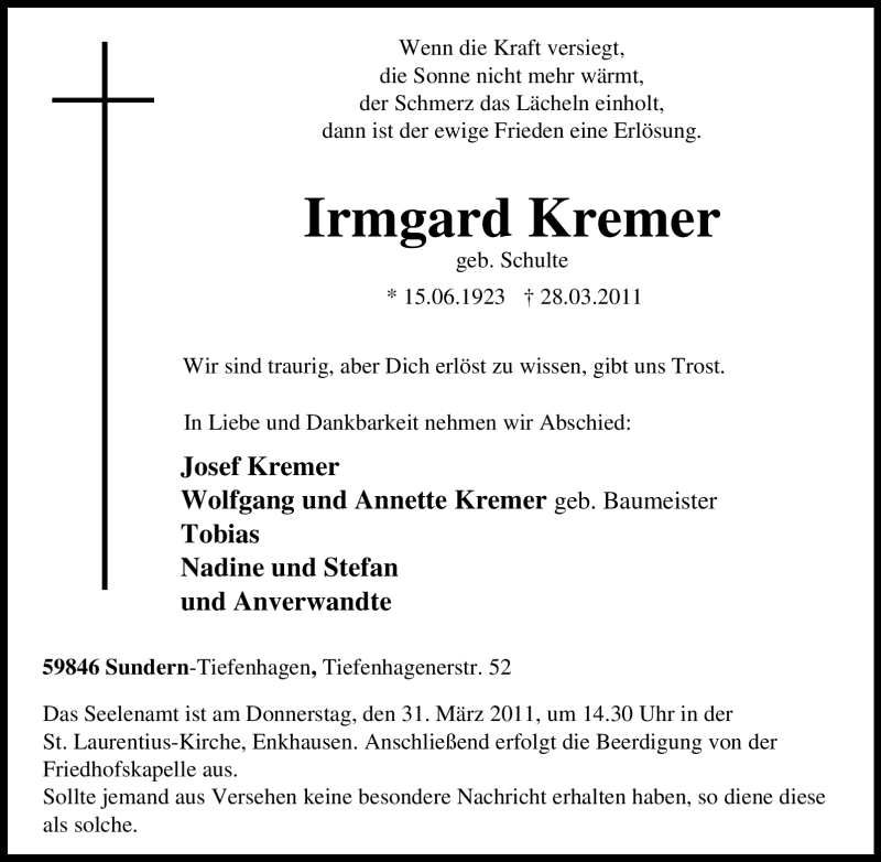  Traueranzeige für Irmgard Kremer vom 29.03.2011 aus Tageszeitung