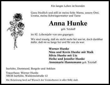 Traueranzeige von Anna Hunke von Tageszeitung