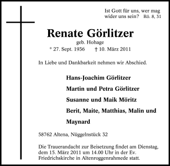 Traueranzeige von Renate Görlitzer von Tageszeitung