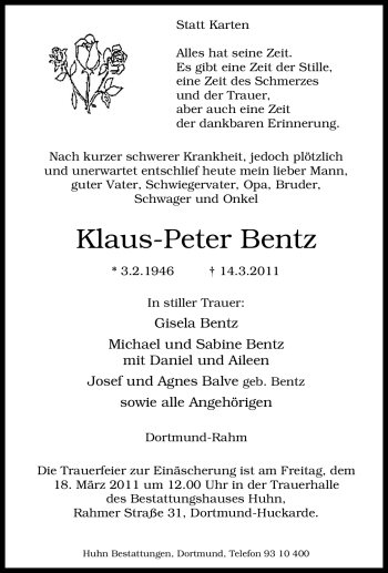 Traueranzeige von Klaus-Peter Bentz von Tageszeitung