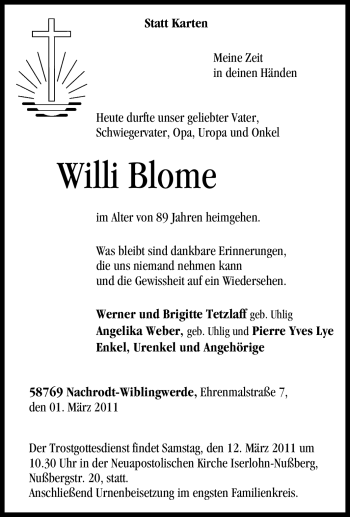 Traueranzeige von Willi Blome von Tageszeitung