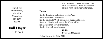 Traueranzeige von Ralf Hoyer von Tageszeitung