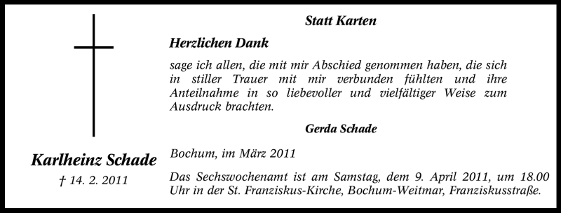  Traueranzeige für Karlheinz Schade vom 19.03.2011 aus Tageszeitung
