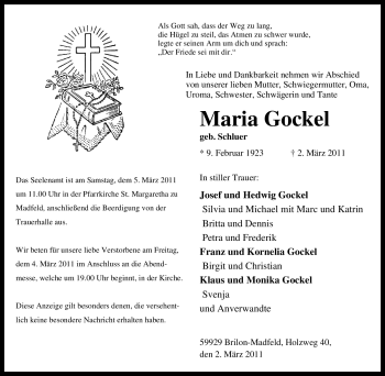 Traueranzeige von Maria Gockel von Tageszeitung