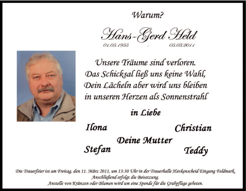  Traueranzeige für Hans-gerd Held vom 08.03.2011 aus Tageszeitung