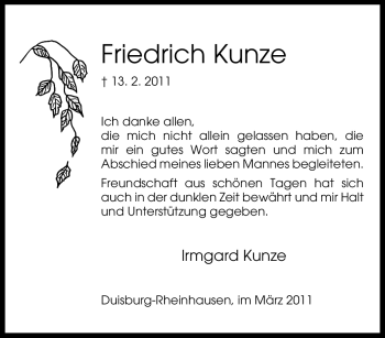 Traueranzeige von Friedrich Kunze von Tageszeitung