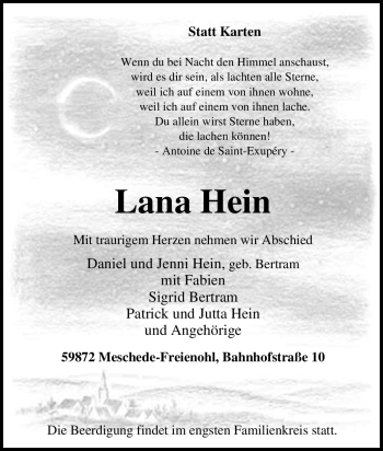 Traueranzeige von Lana Hein von Tageszeitung