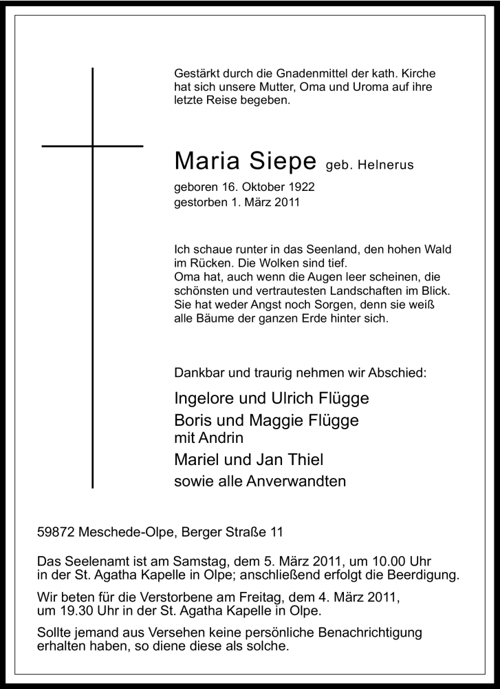  Traueranzeige für Maria Siepe vom 03.03.2011 aus Tageszeitung